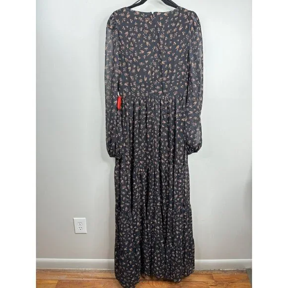 Mac Duggal 55431 Floral Tiered Long Sleeve Maxi Gown Dress Black Size 8 NEW $398